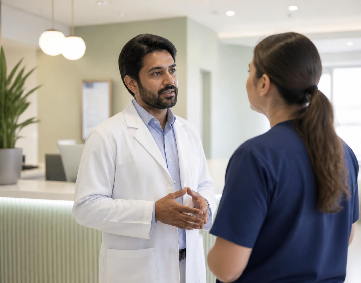 Un medico dialoga con una collega nella reception luminosa di una struttura sanitaria moderna